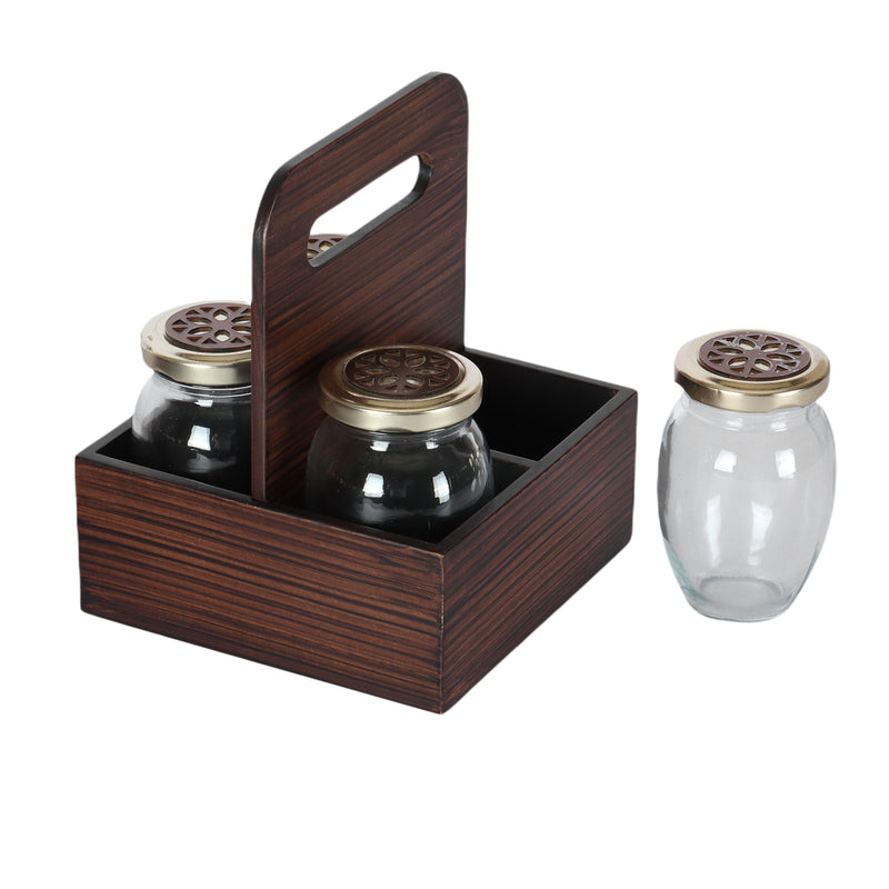 Rotational Wooden Gift Box with 4 laser cut design matki jars: Color: Brown, Size: 6*6*7.5 Inches, Material: Wooden.