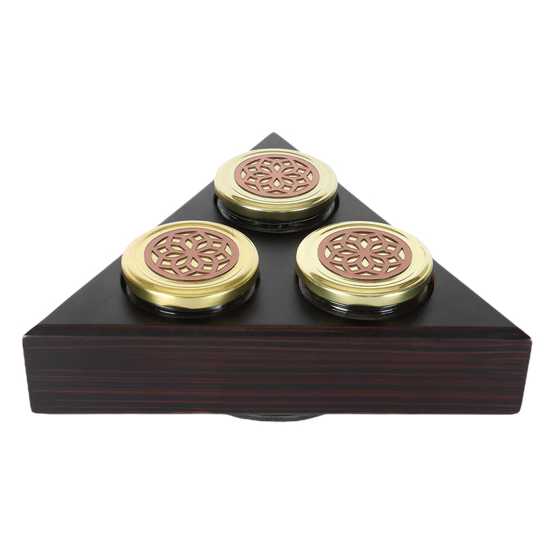 Rotational Triangle Wooden Gift Box with 3 laser cut design salsa jars - Color: Brown, Size: 12*12*3.5 Inches, Material: Wooden from Nice Packaging.

