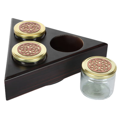 Rotational Triangle Wooden Gift Box with 3 laser cut design salsa jars - Color: Brown, Size: 12*12*3.5 Inches, Material: Wooden from Nice Packaging.

