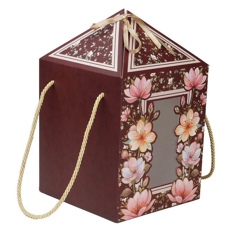 Decorative gift box with floral design and gold handle Floral Multipurpose Hamper Box for Gifting Packaging Color is Brown and size: 7.25*7.25*12 Inches. 