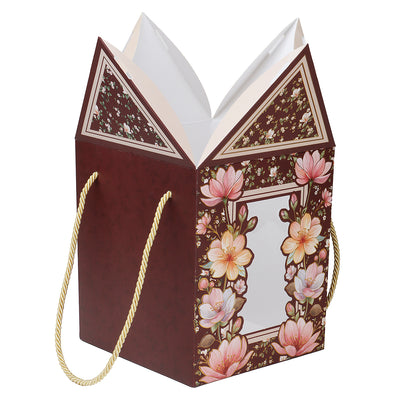 Floral-patterned gift bag with a gold handle Floral Multipurpose Hamper Box for Gifting Packaging Color is Brown and size: 7.25*7.25*12 Inches. 
