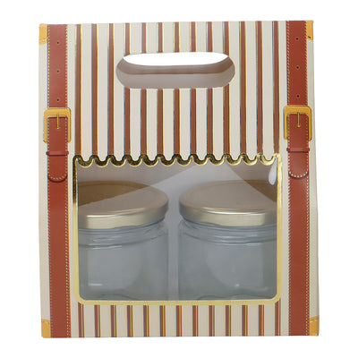 are you looking Small Gift Box With Handle containing a glass jar with a gold lid. for gifting box size is 7*3.75*8 Inches and color: Beige. About this product and Usage This box is used for jewelry, cupcake, small gift items, dry cakes, muffins, brownies and much more. Perfect for any occasion - Diwali, Valentines, Special Occasion, Birthday, Anniversary Christmas, Weddings, Engagements, Anniversaries, Baby Showers, Home parties etc.