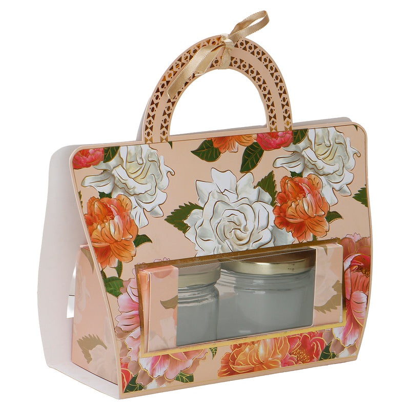 Floral-patterned gift box with two jars inside for gifting and packaging Size: 9.5*3.5*10.75 Inches, Color: Light Blush Floral, Material: SBS 230 GSM, Capacity: Up To 1kg from Nice Packaging