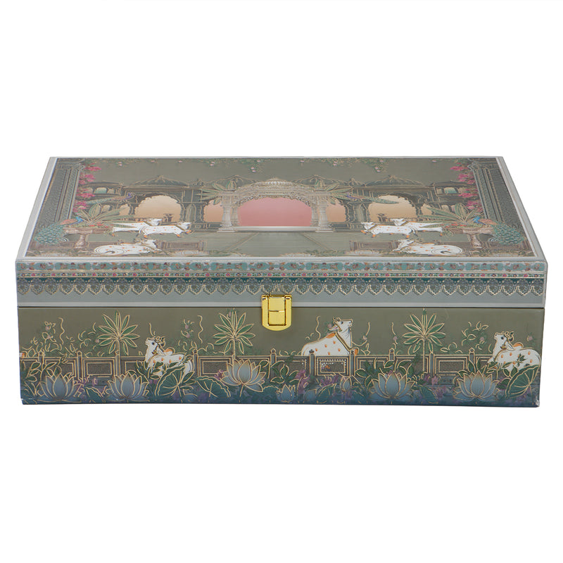 Pichwai Art Hamper Box with 4 printed muskmelon jars & 8 cavity tray (14x10x4) Inch 9046A