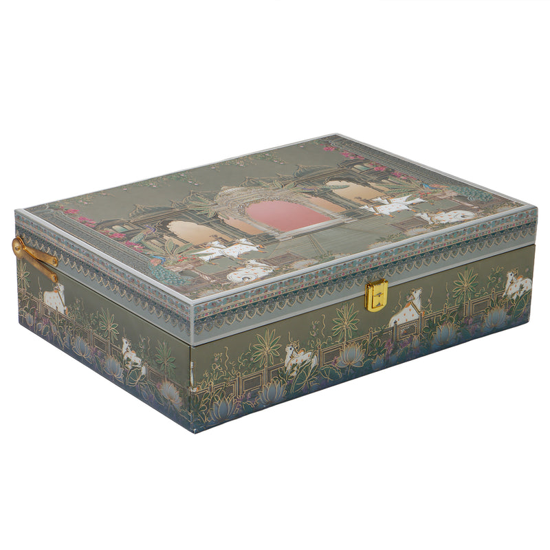 Pichwai Art Hamper Box with 4 printed muskmelon jars & 8 cavity tray (14x10x4) Inch 9046A