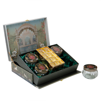Pichwai Art Hamper Box with 4 printed muskmelon jars & 8 cavity tray (14x10x4) Inch 9046A