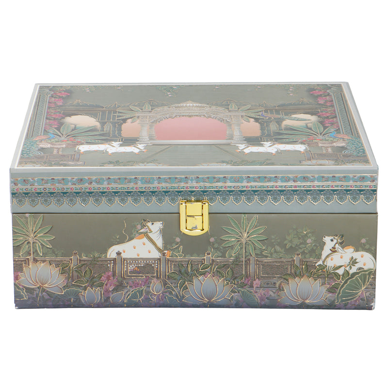 Pichwai Art Hamper Box with 4 printed muskmelon jars (10x10x4) Inch 9045A