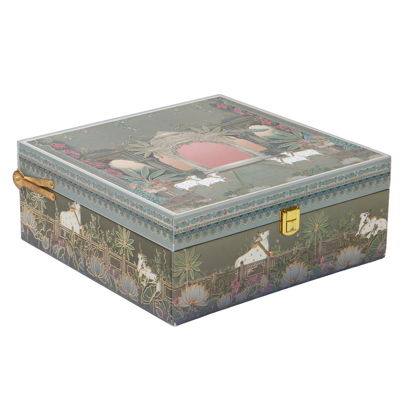 Pichwai Art Hamper Box with 4 printed muskmelon jars (10x10x4) Inch 9045A