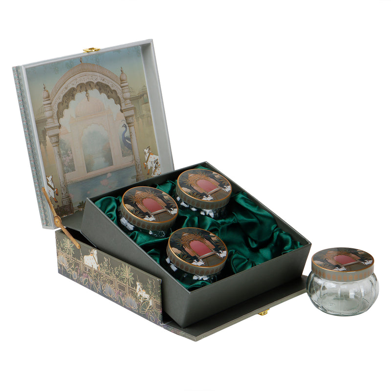 Pichwai Art Hamper Box with 4 printed muskmelon jars (10x10x4) Inch 9045A