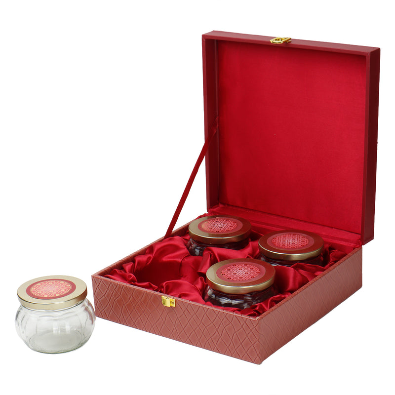 Red Leatherite MDF Hamper Box with 4 muskmelon jar (10x10x3.25) Inch 9086A