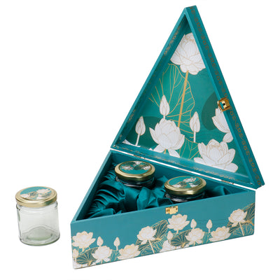 Floral Green Triangle Gift Box with 3 small salsa glass jars (12x10x4) Inch 9032