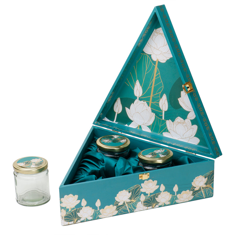 Floral Green Triangle Gift Box with 3 small salsa glass jars (12x10x4) Inch 9032