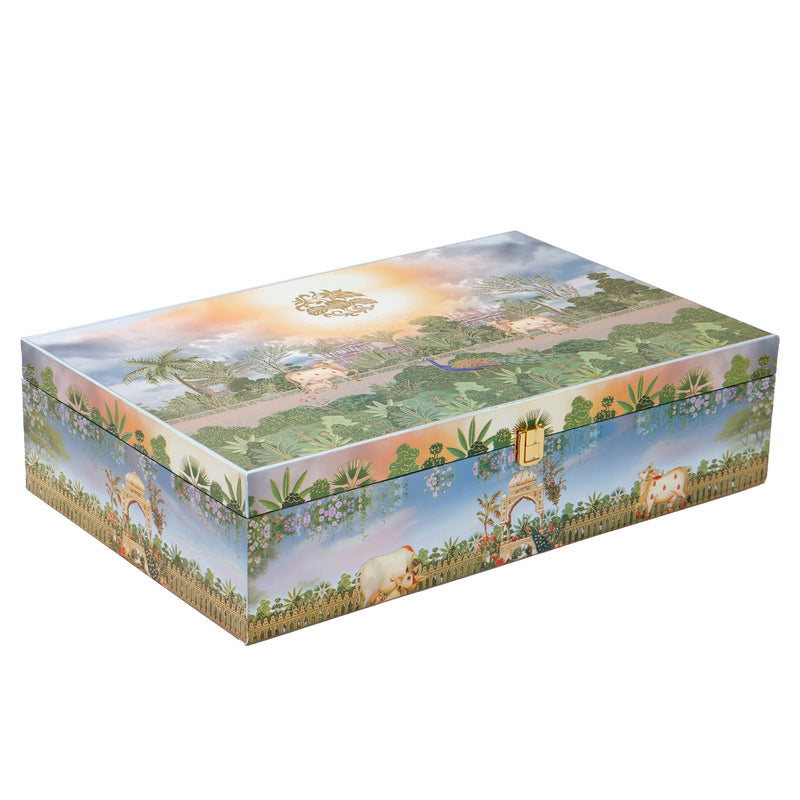 Pichwai Art MDF Hamper Box with 2 jar, 1 tin & 4 liner cavity tray (16x10x4) Inch 9022
