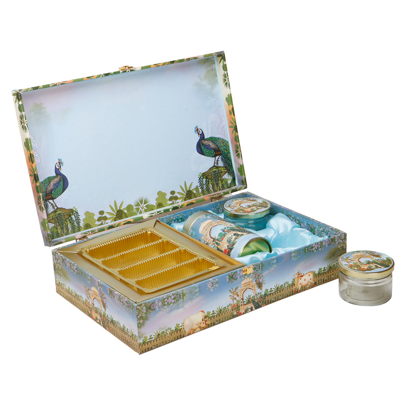 Pichwai Art MDF Hamper Box with 2 jar, 1 tin & 4 liner cavity tray (16x10x4) Inch 9022