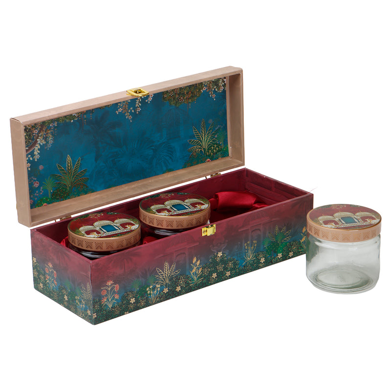 Pichwai Art MDF Hamper Box with 3 printed salsa jar (13x9x4) Inch 9009