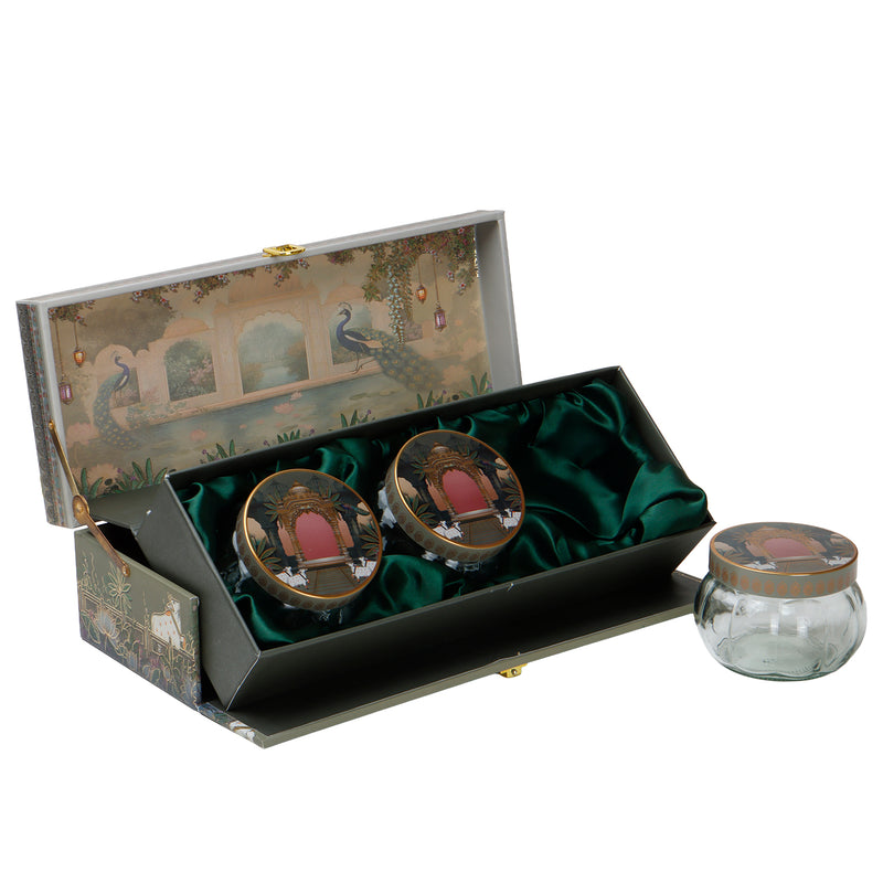 Pichwai Art Hamper Box with 3 printed muskmelon jars (14x5.5x4) Inch 9044A