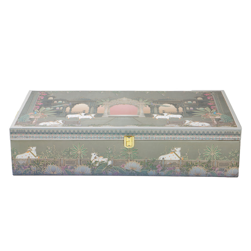 Pichwai Art Hamper Box with 4 short salsa & 16 cavity tray (18x11x4) Inch 9060