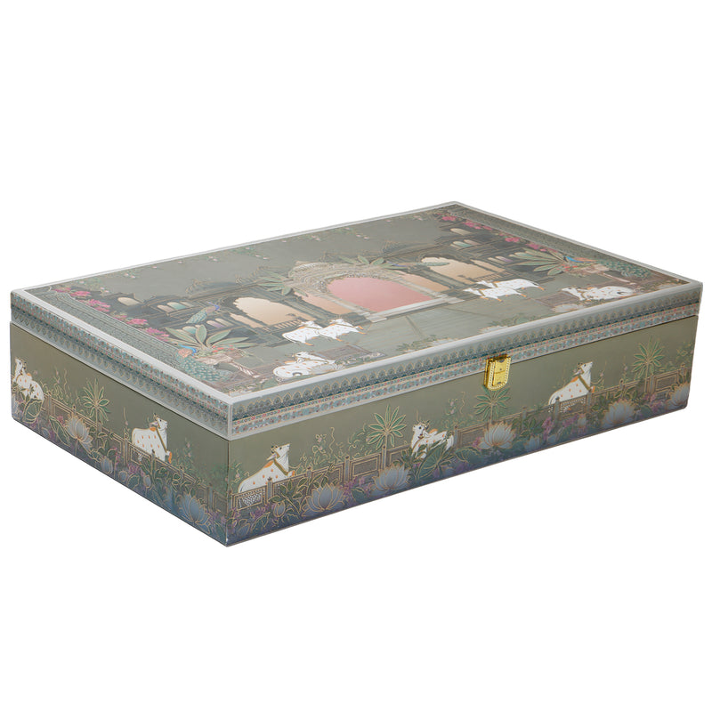 Pichwai Art Hamper Box with 4 short salsa & 16 cavity tray (18x11x4) Inch 9060