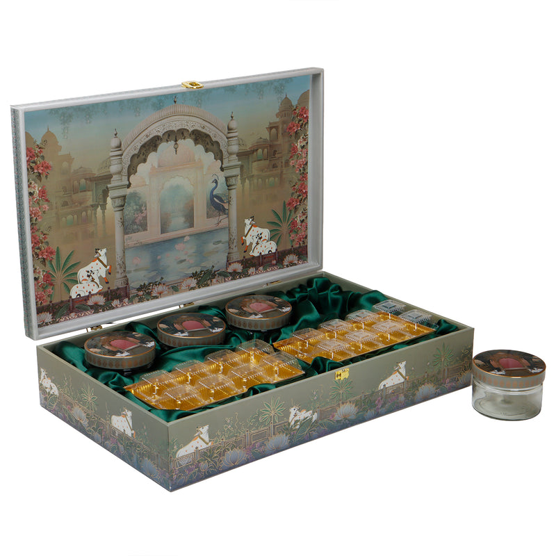 Pichwai Art Hamper Box with 4 short salsa & 16 cavity tray (18x11x4) Inch 9060