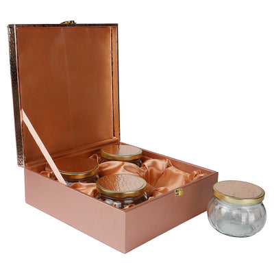 Leatherite Rose Gold MDF Box with 4 jars – 10x10x4 Inch | Model 9073 | Premium Gifting Box by Nice Packaging