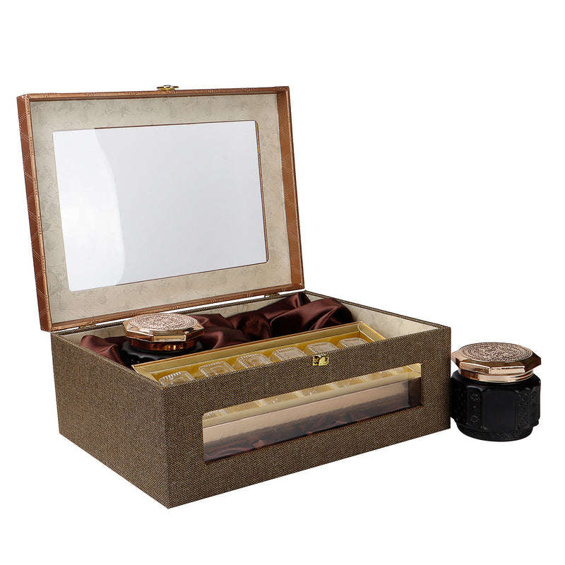 Leatherite MDF Box with 2 jars & 12 cavity tray (14x10.25x5.75) Inch 9037