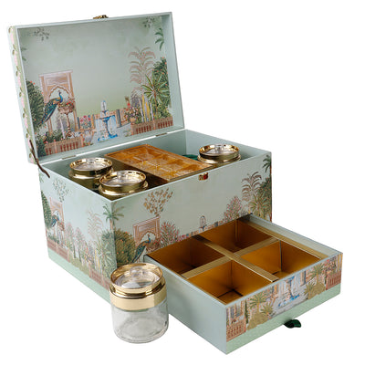 Grand MDF Bhaji Box with 4 jars, 8 cavities, and 4-compartment tray – 14x10x9 Inch | Model 2052 | Nice Packaging