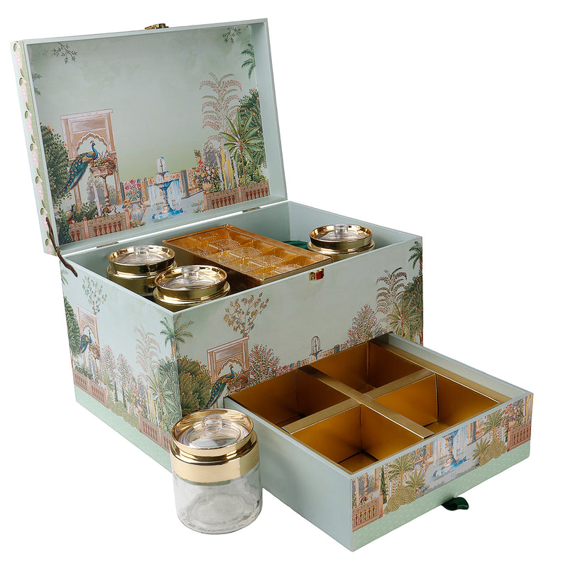 Grand MDF Bhaji Box with 4 jars, 8 cavities, and 4-compartment tray – 14x10x9 Inch | Model 2052 | Nice Packaging