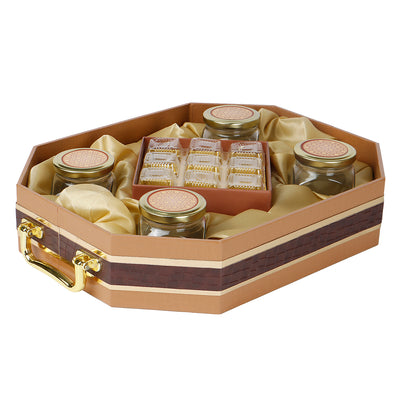 Leatherite MDF Hamper with handle 4 jars & 9 cavity tray | Size: 15*12*3 Inch | Color: Brown/Black | Material: MDF Leatherite - Nice Packaging
