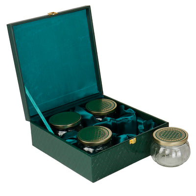 Green Leatherite MDF Hamper Box with 4 muskmelon jar (10x10x3.25) Inch 9086