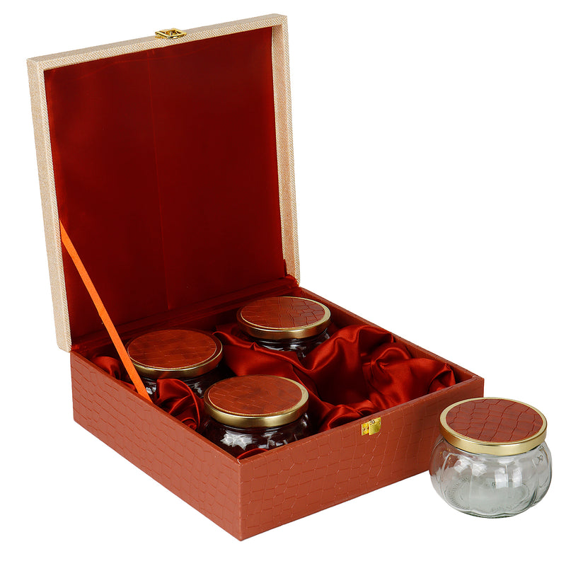 Elegant Leatherite Gift Box with 4 muskmelon jars (10x10x4) Inch 9092