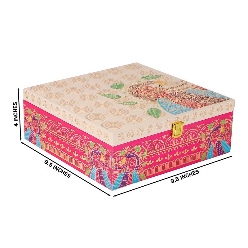 Peacock Paradise MDF Hamper Box with 2 salsa jar & 8 cavity (9.5x9.5x4) Inch 9004A