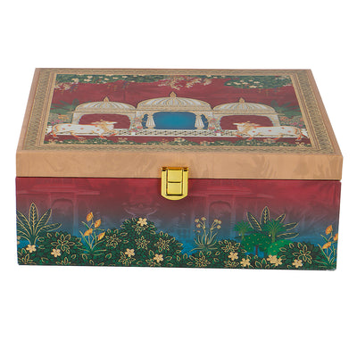 Pichwai Art MDF Hamper Box with 4 printed salsa jar (9.5x9.5x4) Inch | The reusable box and airtight jars make it both beautiful and practical — ideal for gifting, personal use, wedding giveaways &amp; return gifts, corporate gifting &amp; employee hampers, housewarming or anniversary Gifts, or festive hampers.