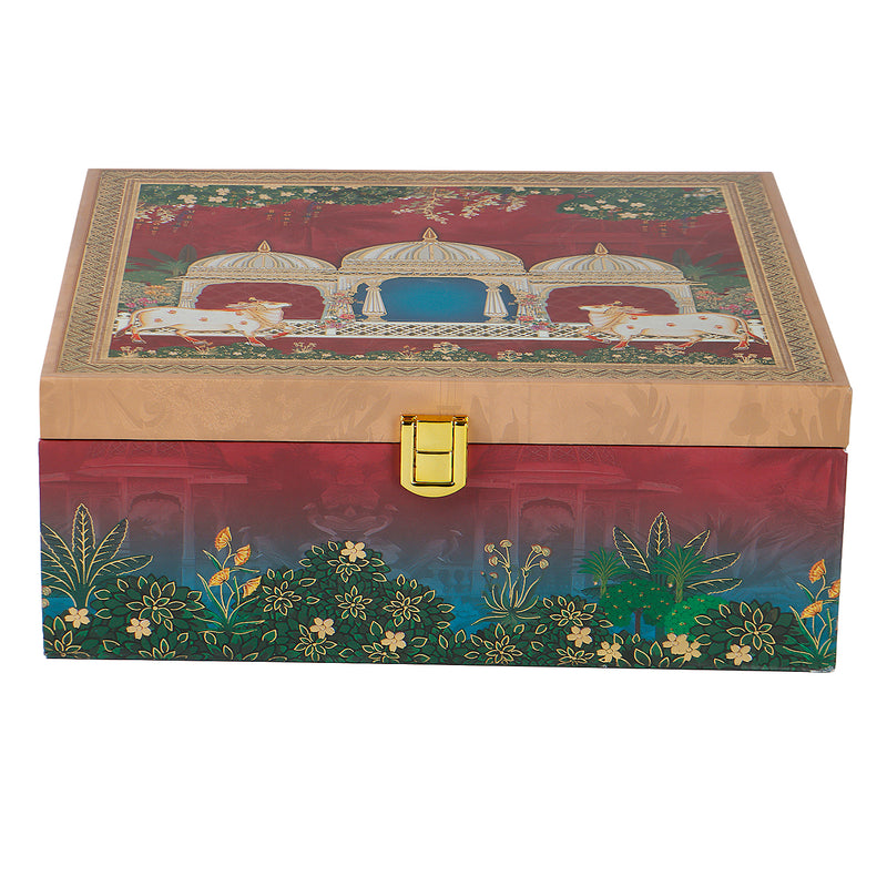 Pichwai Art MDF Hamper Box with 4 printed salsa jar (9.5x9.5x4) Inch | The reusable box and airtight jars make it both beautiful and practical — ideal for gifting, personal use, wedding giveaways &amp; return gifts, corporate gifting &amp; employee hampers, housewarming or anniversary Gifts, or festive hampers.