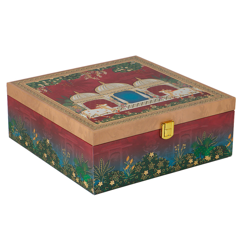 Pichwai Art MDF Hamper Box with 4 printed salsa jar (9.5x9.5x4) Inch | The reusable box and airtight jars make it both beautiful and practical — ideal for gifting, personal use, wedding giveaways &amp; return gifts, corporate gifting &amp; employee hampers, housewarming or anniversary Gifts, or festive hampers.
