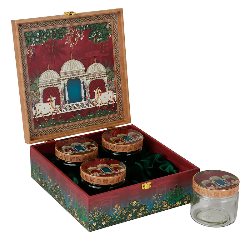 Pichwai Art MDF Hamper Box with 4 printed salsa jar (9.5x9.5x4) Inch | The reusable box and airtight jars make it both beautiful and practical — ideal for gifting, personal use, wedding giveaways &amp; return gifts, corporate gifting &amp; employee hampers, housewarming or anniversary Gifts, or festive hampers.