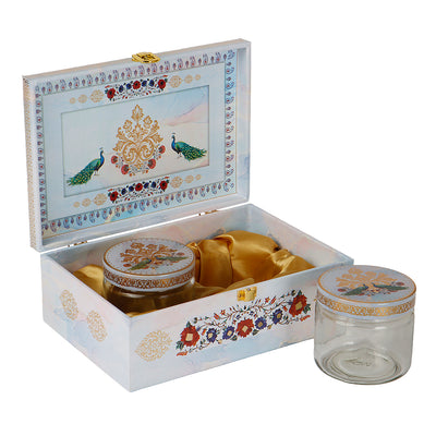 Floral Hamper Box with 2 printed salsa jars (9.5x5.5x4) Inch | The reusable box and airtight jars make it both beautiful and practical — ideal for gifting, personal use, wedding giveaways &amp; return gifts, corporate gifting &amp; employee hampers, housewarming or anniversary Gifts, or festive hampers.
