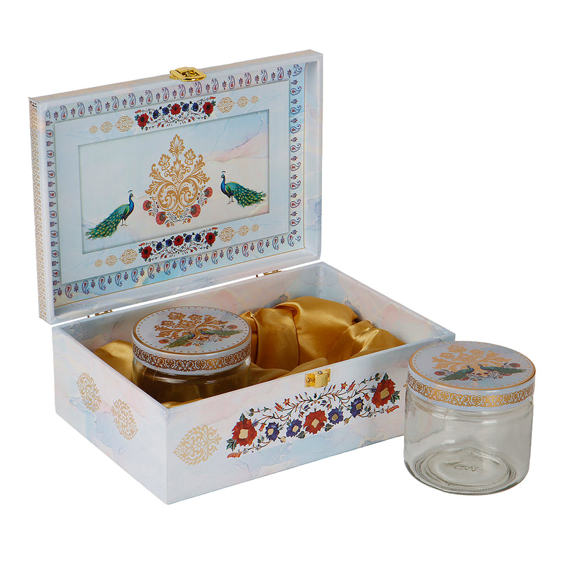 Floral Hamper Box with 2 printed salsa jars (9.5x5.5x4) Inch | The reusable box and airtight jars make it both beautiful and practical — ideal for gifting, personal use, wedding giveaways &amp; return gifts, corporate gifting &amp; employee hampers, housewarming or anniversary Gifts, or festive hampers.