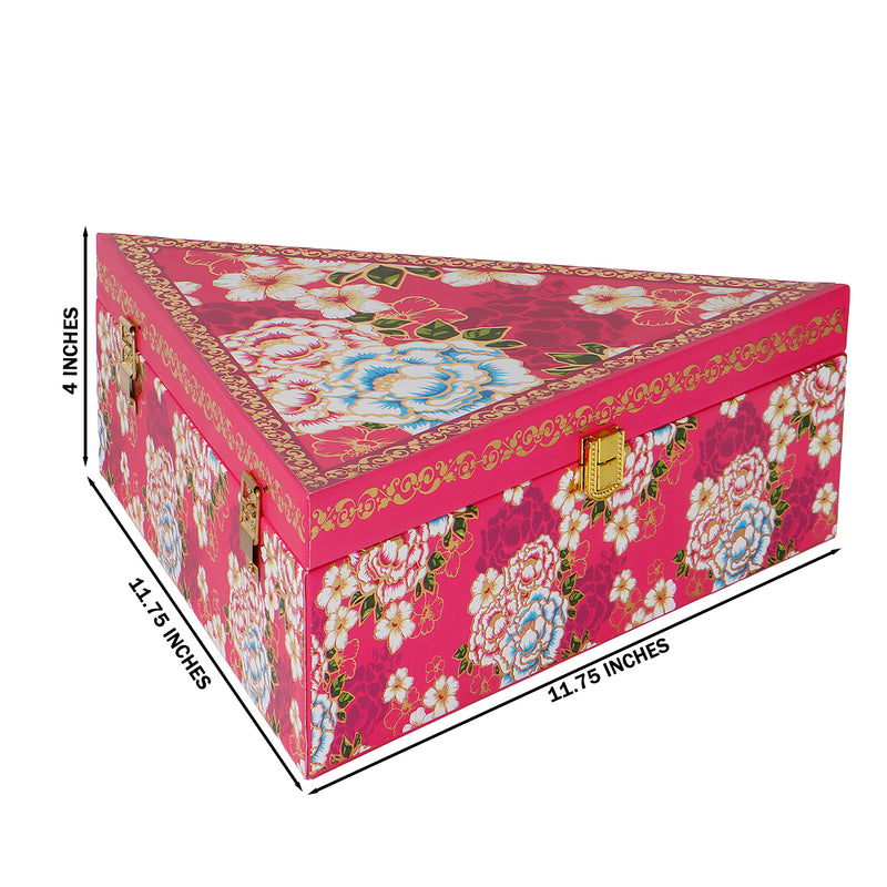 Floral Pink Triangle Gift Box with 3 small salsa glass jars (11.75x11.75x4) Inch 9032A