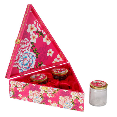 Floral Pink Triangle Gift Box with 3 small salsa glass jars (11.75x11.75x4) Inch 9032A