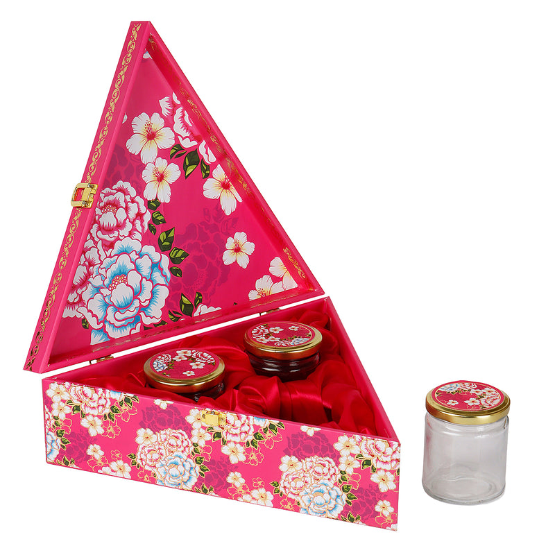 Floral Pink Triangle Gift Box with 3 small salsa glass jars (11.75x11.75x4) Inch 9032A