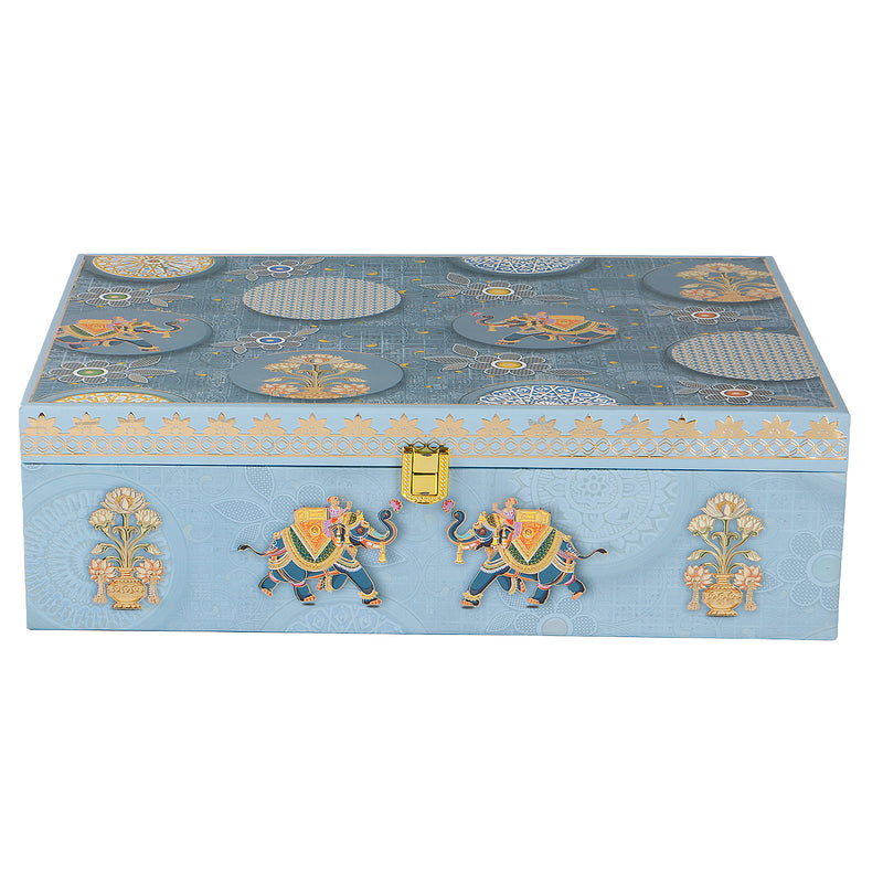 Premium MDF Hamper Box with 6 jar decorative boxes is 14*10*4 inch, color: Sky Blue from Nice Packaging