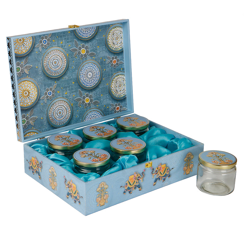 Premium MDF Hamper Box with 6 jar decorative boxes is 14*10*4 inch, color: Sky Blue from Nice Packaging