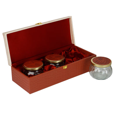 Elegant Leatherite Gift Box with 3 muskmelon jars (14x5.5x3.5) Inch 9096B