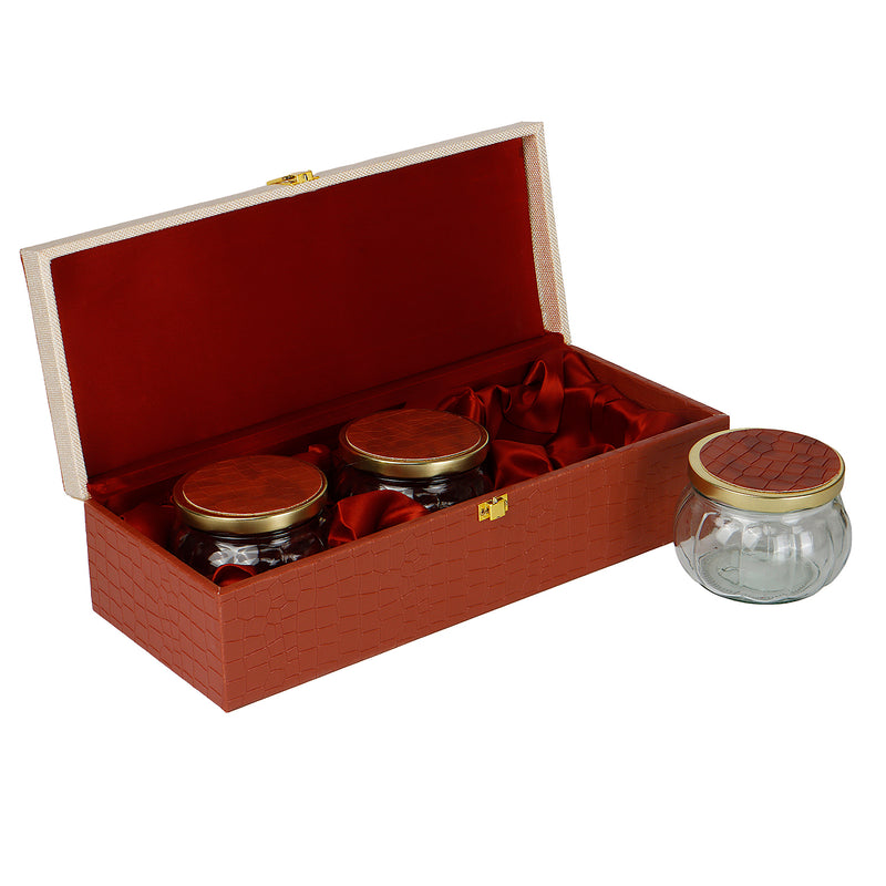 Elegant Leatherite Gift Box with 3 muskmelon jars (14x5.5x3.5) Inch 9096B