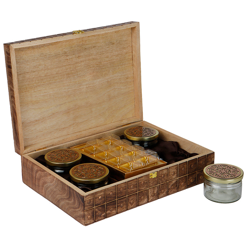 Unique Wooden Hamper Box with 4 salsa jars & 8 cavity (14x10x4) Inch 9029