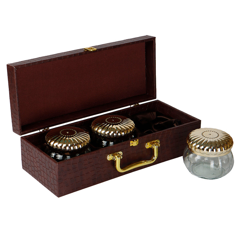 Brown Leatherite Multipurpose Gift Box with 3 muskmelon jars (14x5.5x3.5) Inch 9096A