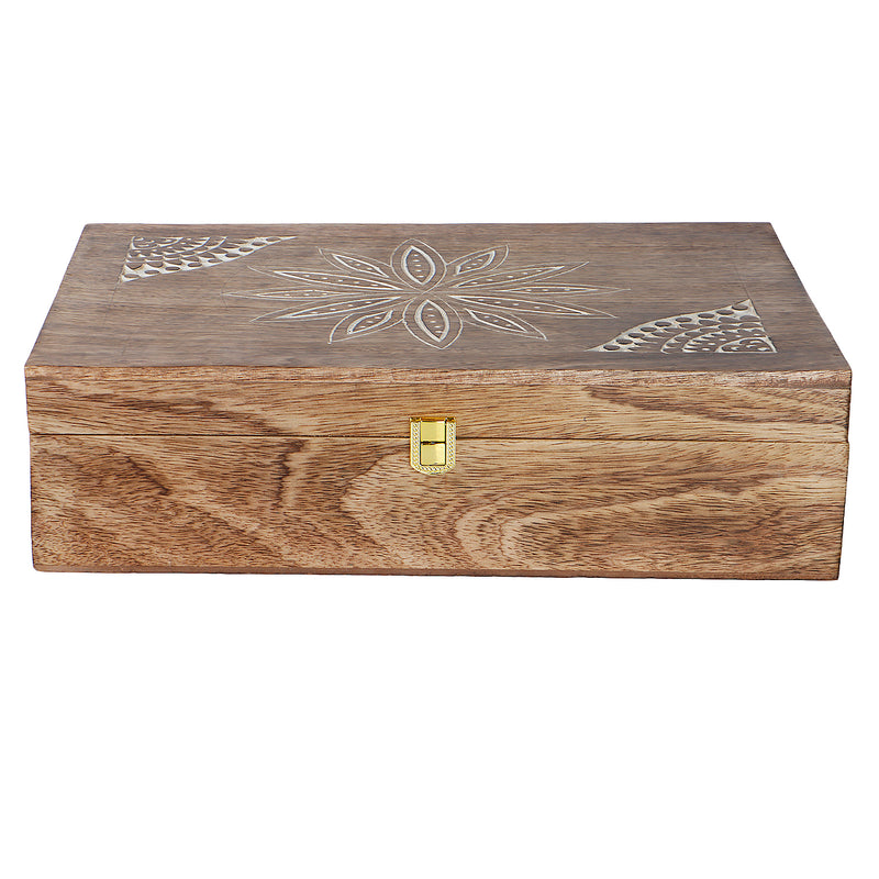 Unique Wooden Floral Design Hamper Box with 4 salsa jars & 8 cavity (14x10x4) Inch 9029A