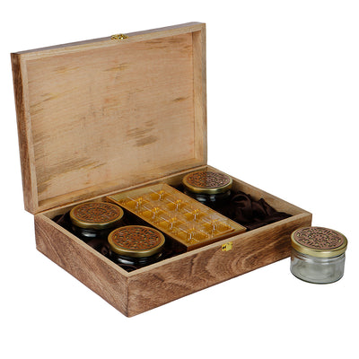 Unique Wooden Floral Design Hamper Box with 4 salsa jars & 8 cavity (14x10x4) Inch 9029A