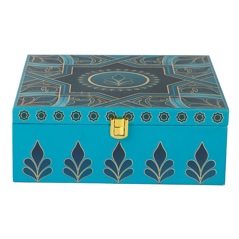 Premium Blue MDF Hamper Box with 4 printed salsa jar (9.5x9.5x4) Inch | The reusable box and airtight jars make it both beautiful and practical — ideal for gifting, personal use, wedding giveaways &amp; return gifts, corporate gifting &amp; employee hampers, housewarming or anniversary Gifts, or festive hampers.