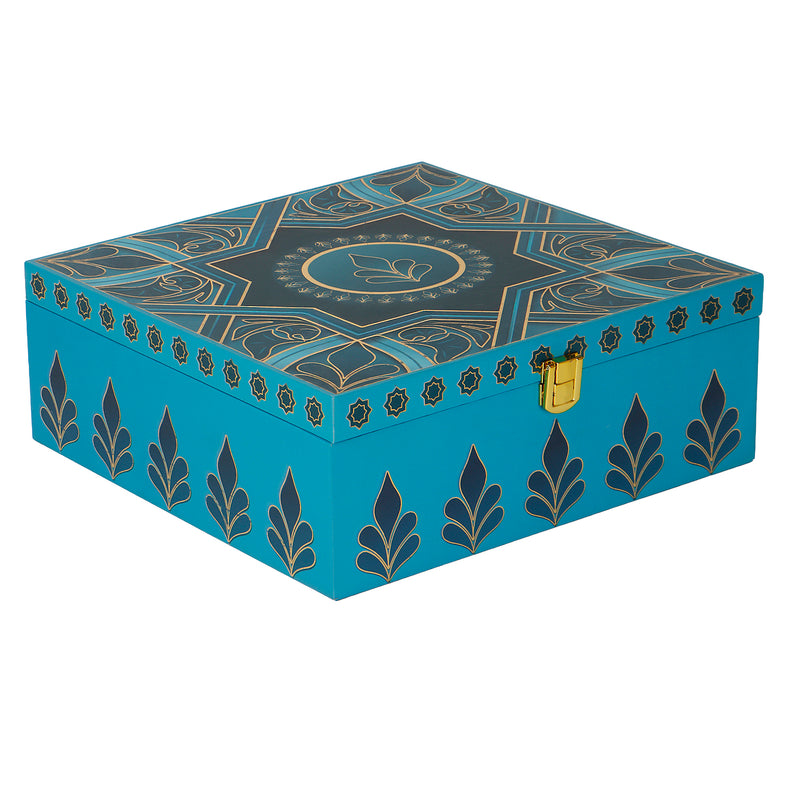 Premium Blue MDF Hamper Box with 4 printed salsa jar (9.5x9.5x4) Inch | The reusable box and airtight jars make it both beautiful and practical — ideal for gifting, personal use, wedding giveaways &amp; return gifts, corporate gifting &amp; employee hampers, housewarming or anniversary Gifts, or festive hampers.